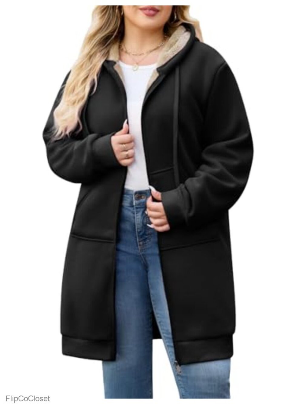 Plus Size Zip Up Fleece Hoodie Long Tunic Hooded Jacket